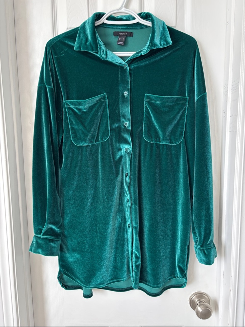 Forever 21 Teal Velvet Button-Up Shirt